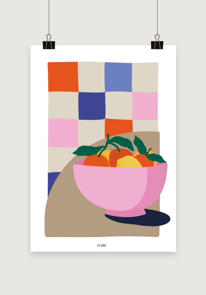 Affiche représentant un saladier plein de fruits colorés